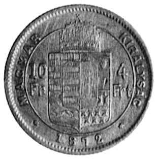 10 franków=4 forinty 1872, Krzemnica, Aw: Głowa w prawo, w otoku napis, Rw: Tarcza herbowa Węgier, w otokunapis, Her.280, Fr.89