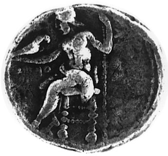KRÓLESTWO MACEDONII- Aleksander III 336-323 pne, tetradrachma, mennica Ake w Fenicji, Aw: Głowamłodego Heraklesa w skórze lwa, Rw: Zeus siedzący na tronie z orłem w ręce i berłem w drugiej dłoni, w lewo fenickielitery ak (Akte), Sear 6723