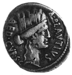 A. Plautius około 55 pne, denar, Aw: Głowa Cybele w wysokiej koronie i napis: AED.CVR.S.C- A.PLAVTIVS, Rw: Bacchius klęczący przy wielbłądzie, napis: BACCHIVS IVDAEVS.. Sear Plautia 13, Craw.453/1c, wyobrażenie z rewersu monety nawiązuje do podboju Judei