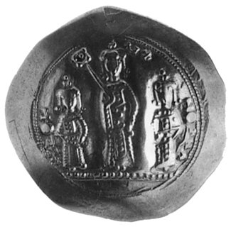 Roman IV 1068-1071, histamenon, Aw: Chrystus w aureoli koronuje Eudokię i Romana, wokół napis: +PˆMANŚVĘOKIA, Rw: Stojący współwładcy: Konstancjusz, Michał i Andronik, Sear 1859, złoto 4.36 g.