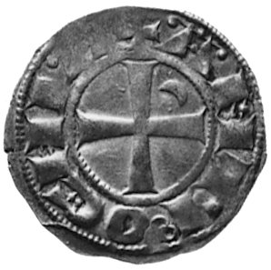 Antiochia- Bohemud III 1149-1163, denar, Aw: Popiersie rycerza w kolczudze i hełmie na głowie, w polu półksiężyci gwiazdka, napis: BOENUNDVS, Rw: Krzyż, w polu półksiężyc i napis w otoku: ANTIOCHIA, Metcalf 257