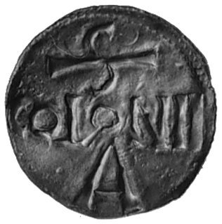 cesarz Otto I 963-973, denar, Aw: Krzyż równoramienny, w polach kropki i napis w otoku ODDO REX, Rw: Napispoziomy S COLONIA A., Dbg 331, 1.21 g.