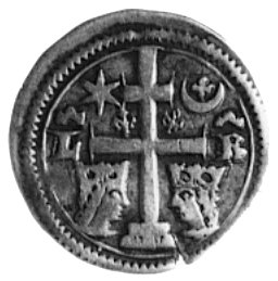 Ładysław IV 1272-1290, denar bity dla Słowenii, Aw: Podwójny krzyż, po bokach dwie ukoronowane głowy, powyżejgwiazdka i półksiężyc, Rw: Kuna biegnąca w lewo, napis: MONETA REGIS P SCLAVONIA, 0.92 g.