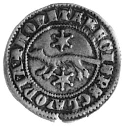 Ładysław IV 1272-1290, denar bity dla Słowenii, Aw: Podwójny krzyż, po bokach dwie ukoronowane głowy, powyżejgwiazdka i półksiężyc, Rw: Kuna biegnąca w lewo, napis: MONETA REGIS P SCLAVONIA, 0.92 g.