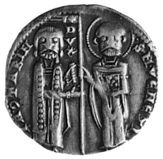 Wenecja- Jacopo Contarini 1275-1280, grosso, Aw: Doża i św. Marek trzymają proporzec, napis: S M VENETIS IACTARIN. DVX, Rw: Chrystus na tronie i litery ICXO, 2.09 g.