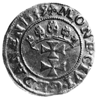 szeląg 1539, Gdańsk, Aw: Orzeł Prus Królewskich (ręka z mieczem z prawej strony) i napis, Rw: Herb Gdańska i napis,Gum.552, Kurp.424 R