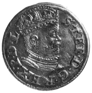 trojak 1586, Ryga, Aw: Popiersie w koronie i napis, Rw: Herb Rygi i napis, Gum.814, Kurp.454 R, odmiana z małągłową króla