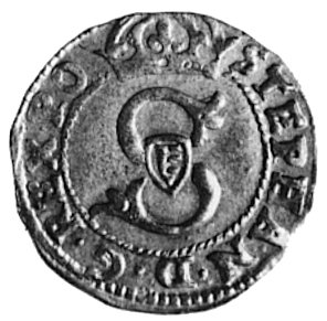 szeląg 1581, Wilno, Aw: Monogram i napis, Rw: Tarcze herbowe i napis, Gum.749, Kurp.255 R, moneta rzadka w tymstanie zachowania