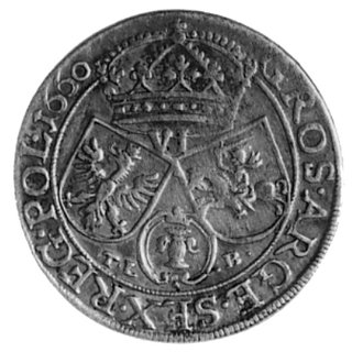 szóstak 1660, Kraków, Aw: Popiersie w koronie i napis, Rw: Tarcze herbowe i napis, Gum. 1690, Kurp. 160