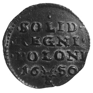 szeląg 1650, Wschowa, Aw: Monogram królewski, Rw: Napis, Gum.1633, Kurp.11 R2, moneta bardzo rzadka w tymstanie zachowania
