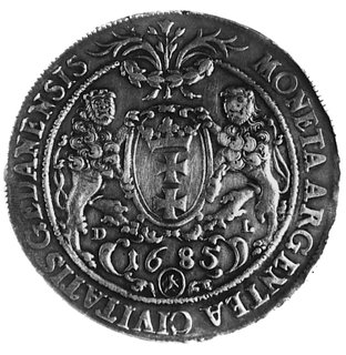 talar 1685, Gdańsk, Aw: Popiersie w koronie i napis, Rw: Herb Gdańska i napis, Dav. 4361, H-Cz.2498 R3, T.40, starapatyna