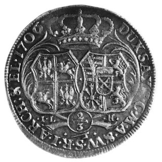 Goselgulden 1706, Drezno, Aw: Popiersie w wieńcu laurowym i napis, Rw: Wielopolowe tarcze herbowe i napis,Merseb.1451, Dav.821, patyna