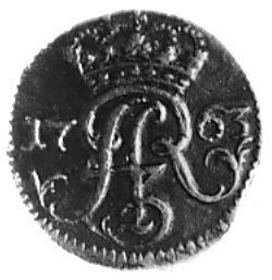 szeląg 1763, Elbląg, Aw: Monogram królewski i napis, Rw: Napis i herb Elbląga, Gum.2240, Kop.357.I.3a -R-