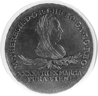 30 krajcarów 1775, Wiedeń, Aw: Popiersie Marii Teresy i napis, Rw: Tarcza herbowa i napis, Plage 8, moneta bardzorzadka w tym stanie