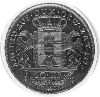 30 krajcarów 1775, Wiedeń, Aw: Popiersie Marii Teresy i napis, Rw: Tarcza herbowa i napis, Plage 8, moneta bardzorzadka w tym stanie