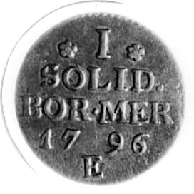 szeląg 1796, Królewiec, Aw: Monogram królewski, Rw: Napis, Plage 14, rzadka moneta