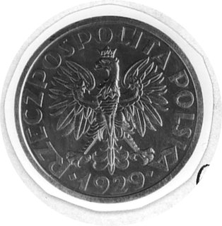 1 złoty 1929, Warszawa, na rewersie poniżej cyfry 1 napis: PRÓBA, Parchimowicz P128d, wybito 115 sztuk, nikiel 6.89 g.