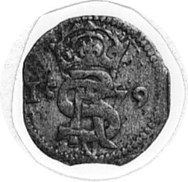 dwudenar 1579, Mitawa, Aw: Monogram królewski, Rw: Pogoń, Kurp.251 R3, H-Cz.630 R, moneta uznawana przez częśćnumizmatyków za monetę litewską ale herb Kettlerów świadczy, że była bita w Mitawie w Kurlandiiprawdopodobnie na zlecenie mennicy wileńskiej, która była nieczynna w latach 1578-1579