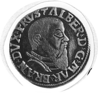 trojak 1544, Królewiec, Aw: Popiersie i napis, Rw: Napis, Neumann 44, Kop.III.3, odmiana: szpiczasta broda księcia