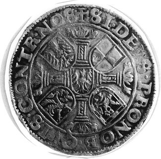 talar 1560, Aw: Półpostać księcia i napis, Rw: Kolumny w kształcie krzyża, pomiędzy ramionami tarcze herbowe