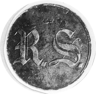 moneta nieznanego emitenta, Aw: Inicjały RS gotykiem, Rw: napis: ROBOTA/RĘCZNA w obwódce, Sikorski t.VII.7,mosiądz 23.5 mm