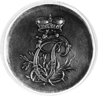 medal autorstwa J.F. Holzhauessera ofiarowany przez gen. Jordana bratu króla księciu Kazimierzowi Poniatowskiemuw dniu jego imienin, Aw: Inicjały C.P. oplecione gałązkami palmowymi i laurowymi