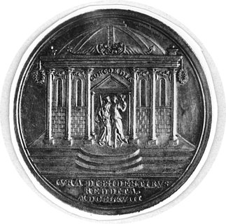 medal sygnowany OEXLEIN (Johann Leonhard- medalier z Norymbergi) wybity w 1768 r. z okazji przywrócenia prawdysydentom, Aw: Popiersie króla i napis, Rw: Postacie Sprawiedliwości i Pokoju przed świątynią