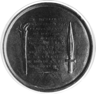 medal sygnowany P J DAVID D ANGERS 1846 wybity w Paryżu na pamiątkę rzezi galicyjskiej, Aw: Kobietaw czapce frygijskiej pod szubienicą ryjąca ostrzem bagnetu napis, Rw: Napis pomiędzy pochodnią i mieczem,H-Cz.7962 R3, brąz 73 mm, 70.68 g.