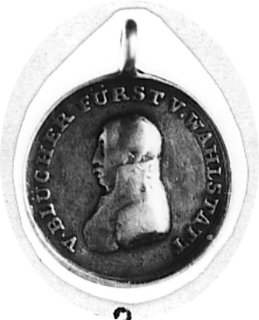 medalik z uszkiem niesygnowany wybity w 1816 r. dla uczczenia Święta Pokoju w Oławie, Aw: Popiersie generałaBlüchera i napis, Rw: Napis w wieńcu, FbSg.3700, srebro 15.5 mm, 1.39 g.