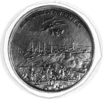 medal wybity w 1686 r. z okazji zawarcia pokoju w Budzie (Ofen) sygnowany LGL (Lazarno Gottlieb Laufer-Norymberga), Aw: Widok Ofen i napis, Rw: Napis w jedenastu rzędach, Slg Julius 268, srebro ze starym złoceniem29.5 mm, 8.70 g.