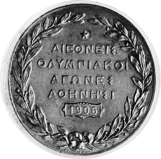 medal dla uczestników zawodów między olimpijskich w Atenach wybity w 1906 r., sygnowany W. PITTNER I M.AYTPA™, Aw: Siedząca postać kobieca na tle płomieni i Feniks, z boku napis, Rw: Napis w wieńcu, Slg Eberh.116,brąz srebrzony 50 mm, 59.08 g.