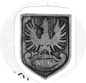 odznaka na agrafkę 20 x 16 mm, wydana przez Centralne Biuro Wydawnictw NKN (Naczelnego KomitetuNarodowego), mosiądz, emalia