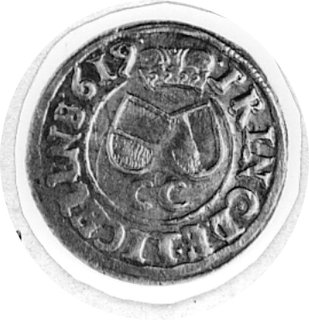 grosz 1619, Aw: Głowa w prawo i napis, Rw: Dwie tarcze herbowe, poniżej litery CC, w otoku napis, rzadka monetazaliczana do numizmatyki Księstwa Liechtensteinu