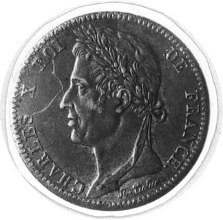 Karol X 1824-1830, 10 centimów dla Gujany i Senegalu 1828, Aw: Popiersie w lewo i napis, Rw: Nominał w wieńcu,w otoku napis, Gadoury 17, rzadkość