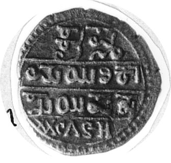 Mysore XVIII w., 20 cash, Aw: Słoń kroczący w lewo u góry napis, Rw: Poziome napisy w trzech językach, u dołu XXCASH