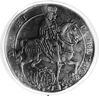 talar wikariacki 1657, Aw: Książe Jan Jerzy II na koniu, w otoku napis, Rw: Napisy w dwunastu poziomych rzędach,Dav.7628
