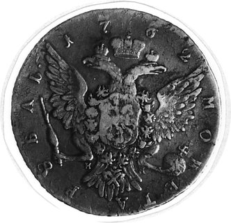 rubel 1762, Petersburg, Aw: Popiersie w prawo, w otoku napis, Rw: Orzeł dwugłowy, w otoku napis, Uzdenikow 898,Mich.8