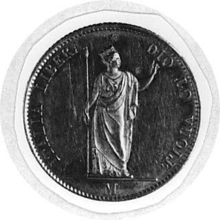 20 lirów 1848, Mediolan, Aw: Italia stojąca, w otoku napis, poniżej litera M, Rw: Nominał w wieńcu, w otoku napisi data, Fr.475
