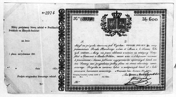 certyfikat na obligację 4% pożyczki Posiłki Polskie na sumę 600 złotych, odręczne podpisy: Głuszyński, MoczydłowskiPL7