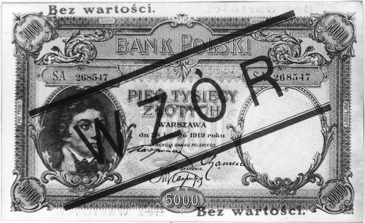 5.000 złotych 28.02.1919, na obu stronach w kolorze czerwonym nadruki: Bez Wartości i WZÓR