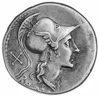 denar, 115-114 pne, Aw: Głowa Romy, za nią X, niżej napis ROMA, Rw: Roma siedząca w prawo na tarcz..
