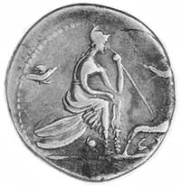 denar, 115-114 pne, Aw: Głowa Romy, za nią X, niżej napis ROMA, Rw: Roma siedząca w prawo na tarcz..