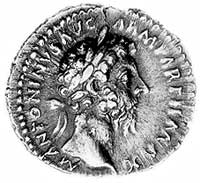 denar (166-169), Aw: Popiersie w wieńcu laurowym w prawo i napis: M ANTONINVS AVG ARM PARTH MAX, R..