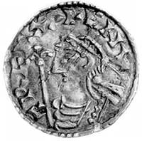Knut 1016-1035, denar, Aw: Popiersie w lewo z berłem i napis: CNVT REX, Rw: Krótki krzyź i napis: ..