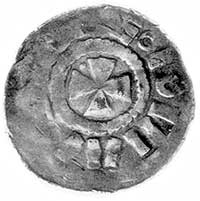 denar, Aw: Mały krzyż; wokół napis: DINI.., Rw: Kapliczka i napis..IMP, Dbg 1330
