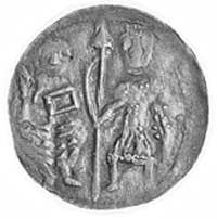denar, Aw: Dwie postacie z włócznią, Rw: Krzyż; w otoku napis, Str.38, Gum.79