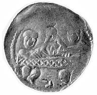 denar, Aw: Dwaj książęta za stołem, Rw: Rycerz stojący z tarczą i chorągwią, Str.59, Gum,93