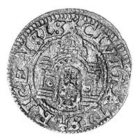 szeląg 1575, Ryga, Aw: Duży herb Rygi i napis, R