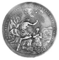 medal religijny XVIII w., Aw: Zmartwychwstały Chrystus, wokół aniołki i napis: HIER AUS DER QUELLE..