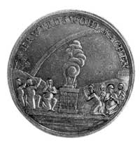 medal religijny XVIII w., Aw: Płynąca Arka Noego; nad nią gołębica z gałązką oliwną i napis: BEFIE..